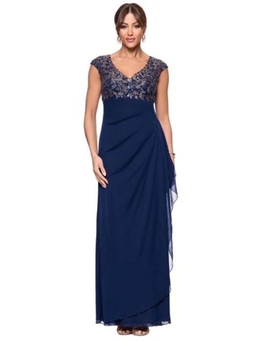 Xscape Navy Blue Gunmetal Beaded Ruched-Back Gown
